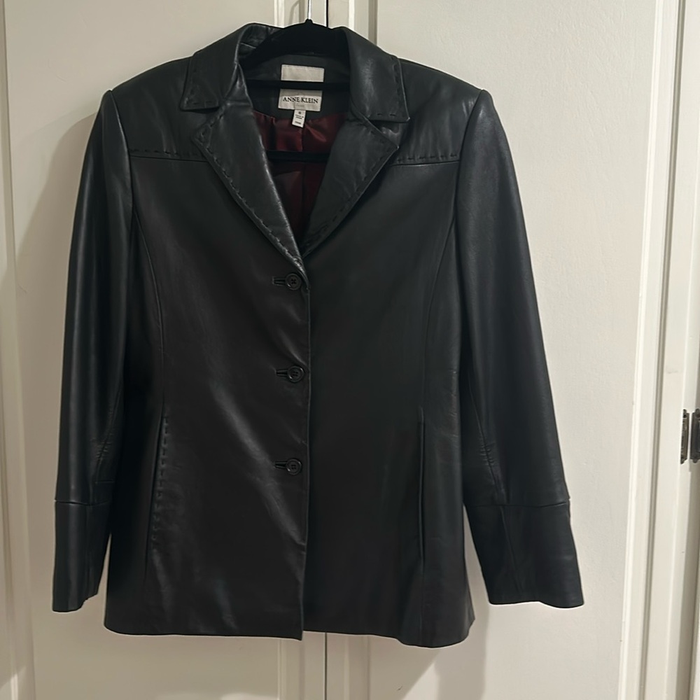 Anne Klein black leather coat size small